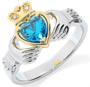 Diamond Topaz Gold Silver Claddagh Ring