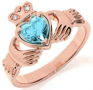 Diamond Aquamarine Rose Gold Silver Claddagh Ring