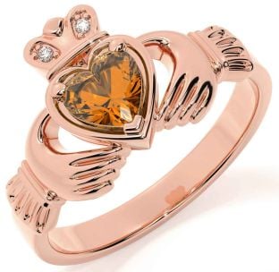 Diamond Citrine Rose Gold Silver Claddagh Ring