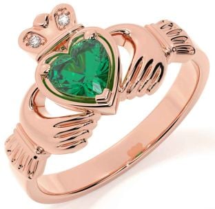 Diamond Emerald Rose Gold Silver Claddagh Ring