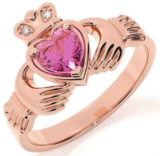 Diamond Pink Tourmaline Rose Gold Silver Claddagh Ring