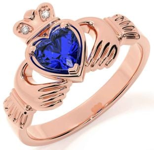 Diamond Sapphire Rose Gold Silver Claddagh Ring