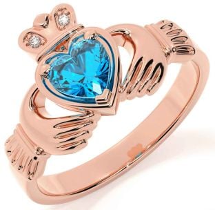 Diamond Topaz Rose Gold Silver Claddagh Ring