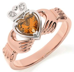 Diamond Citrine Rose Gold Silver Claddagh Ring