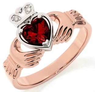 Diamond Garnet Rose Gold Silver Claddagh Ring