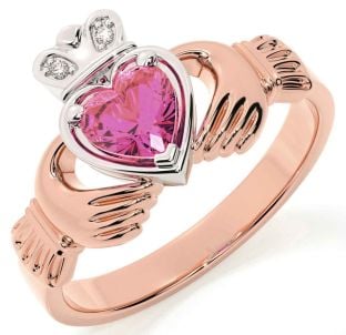 Diamond Pink Tourmaline Rose Gold Silver Claddagh Ring