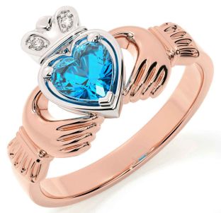 Diamond Topaz Rose Gold Silver Claddagh Ring