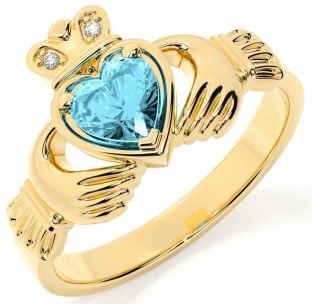 Diamond Aquamarine Gold Silver Claddagh Ring