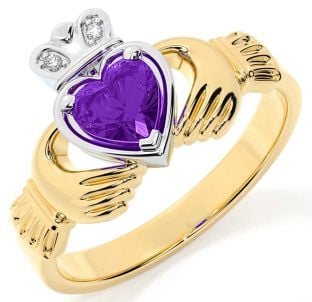 Diamond Amethyst Gold Silver Claddagh Ring