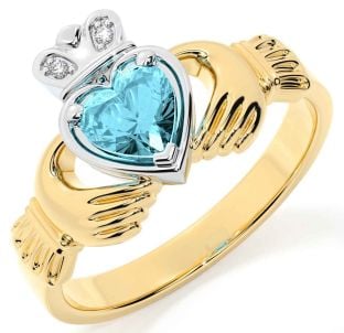 Diamond Aquamarine Gold Silver Claddagh Ring