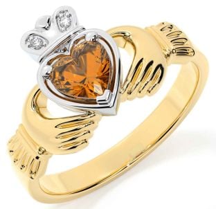 Diamond Citrine Gold Silver Claddagh Ring