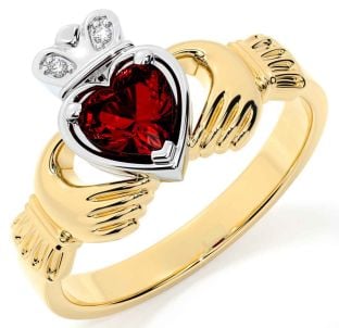 Diamond Garnet Gold Silver Claddagh Ring