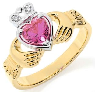 Diamond Pink Tourmaline Gold Silver Claddagh Ring