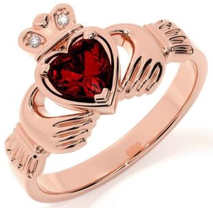 Diamond Garnet Rose Gold Claddagh Ring