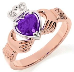 Diamond Amethyst White Rose Gold Claddagh Ring