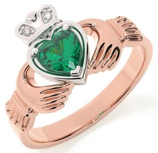 Diamond Emerald White Rose Gold Claddagh Ring