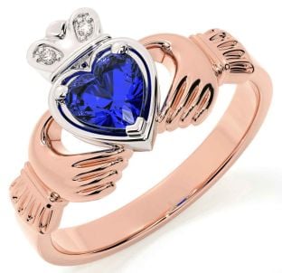 Diamond Sapphire White Rose Gold Claddagh Ring