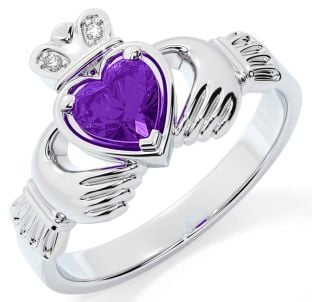 Diamond Amethyst Silver Claddagh Ring