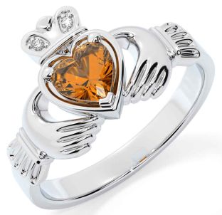 Diamond Citrine Silver Claddagh Ring