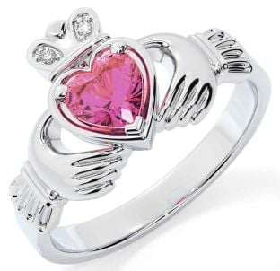 Diamond Pink Tourmaline Silver Claddagh Ring