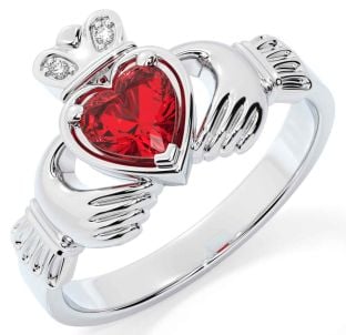 Diamond Ruby Silver Claddagh Ring