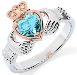 Diamond Aquamarine Rose Gold Silver Claddagh Ring