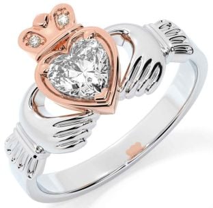 Diamante Rosa Oro Plata Claddagh Anillo