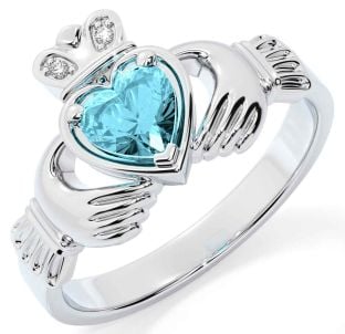 Diamond Aquamarine White Gold Claddagh Ring