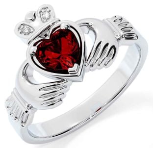 Diamond Garnet White Gold Claddagh Ring