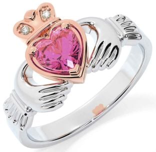 Diamond Pink Tourmaline White Rose Gold Claddagh Ring