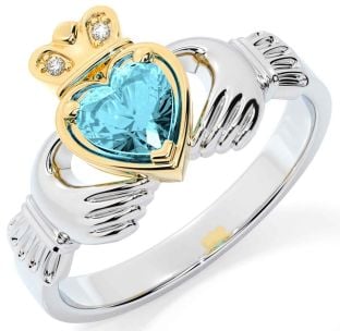 Diamond Aquamarine White Yellow Gold Claddagh Ring