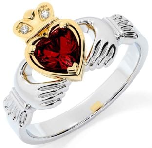 Diamond Garnet White Yellow Gold Claddagh Ring