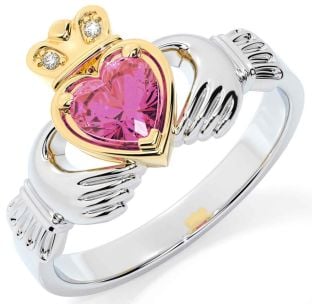 Diamond Pink Tourmaline White Yellow Gold Claddagh Ring