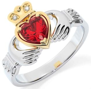 Diamond Ruby White Yellow Gold Claddagh Ring