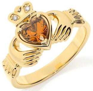 Diamond Citrine Gold Claddagh Ring