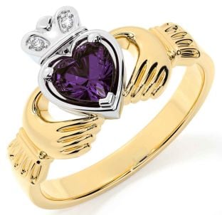 Diamond Alexandrite White Yellow Gold Claddagh Ring