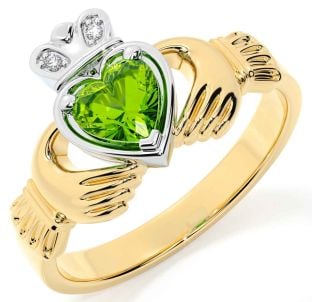 Diamond Peridot White Yellow Gold Claddagh Ring