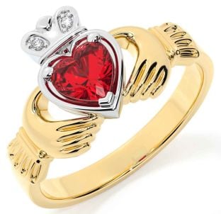 Diamond Ruby White Yellow Gold Claddagh Ring