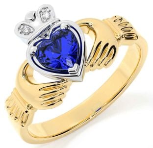 Diamond Sapphire White Yellow Gold Claddagh Ring