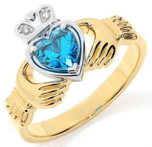 Diamond Topaz White Yellow Gold Claddagh Ring