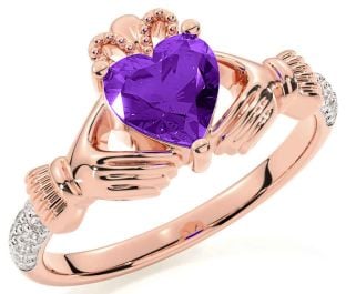 Diamond Amethyst Rose Gold Silver Claddagh Ring