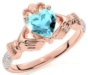 Diamond Aquamarine Rose Gold Silver Claddagh Ring