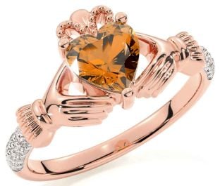 Diamond Citrine Rose Gold Silver Claddagh Ring