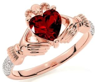 Diamond Garnet Rose Gold Silver Claddagh Ring