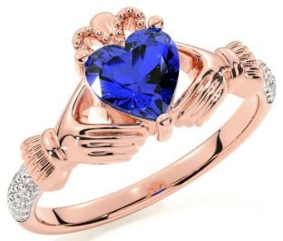 Diamond Sapphire Rose Gold Silver Claddagh Ring