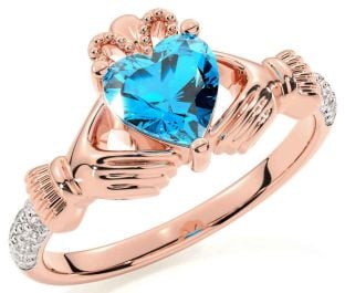 Diamond Topaz Rose Gold Silver Claddagh Ring