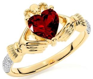 Diamond Garnet Gold Silver Claddagh Ring