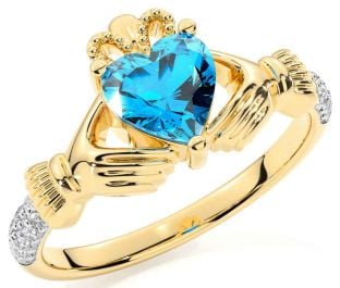 Diamond Topaz Gold Silver Claddagh Ring