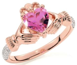 Diamond Pink Tourmaline Rose Gold Claddagh Ring