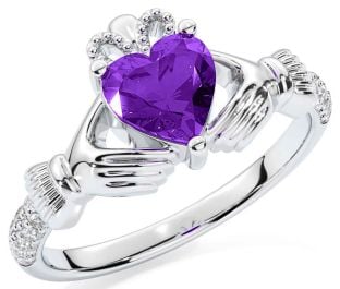 Diamond Amethyst White Gold Claddagh Ring